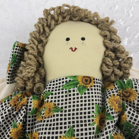 Vintage Cloth Doll Angel Dressed in Checkered and Sunflower Dress with Bows 16” - Picture 6 of 14
